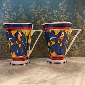 Pair of Vintage Wren Bone China Clarice Cliff Style Iris Mugs